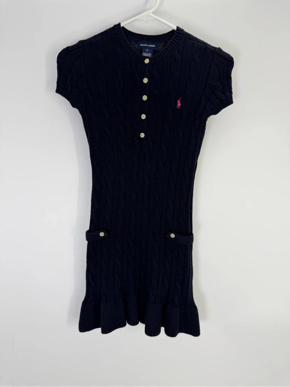 Ralph Lauren Girls Navy Cable Knit Short Sleeve Sweater Dress Medium